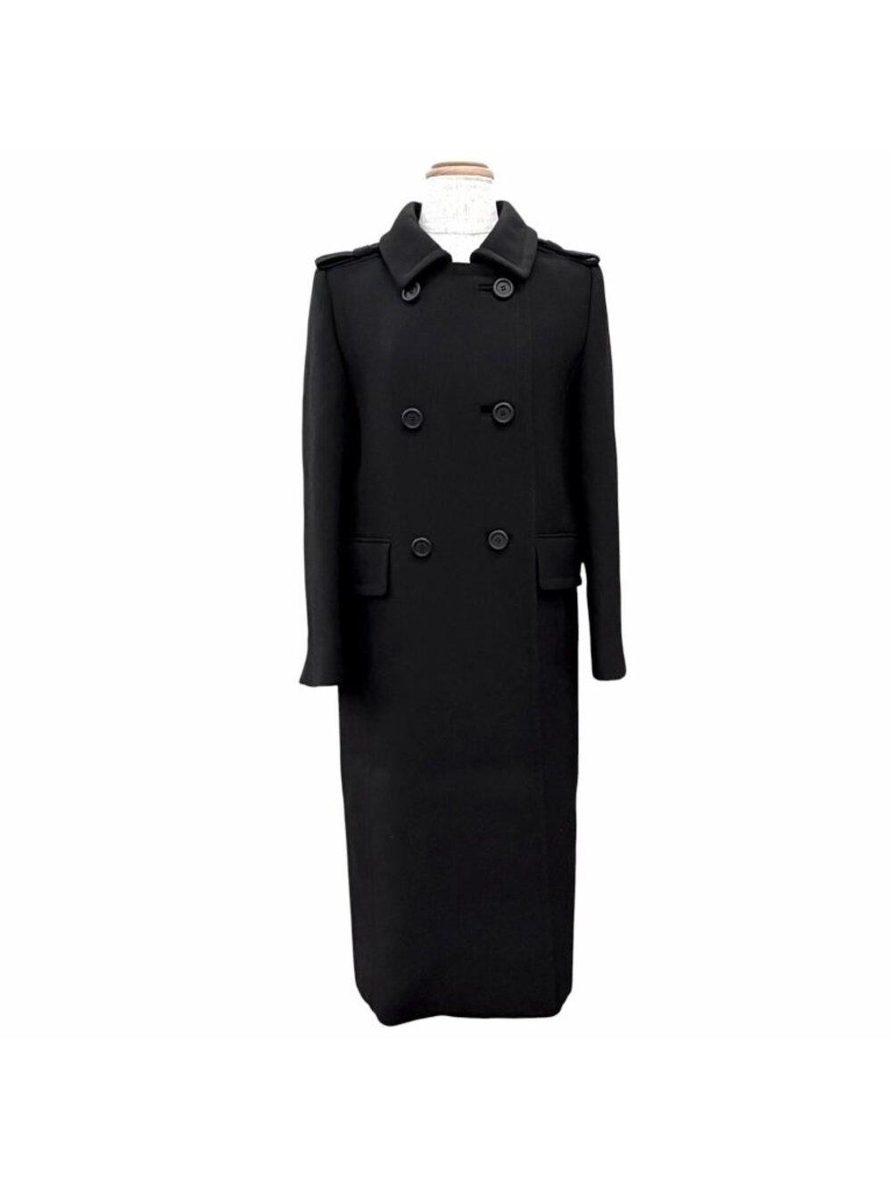 Prada Wool 100% Triangle Logo Double Breasted Long Coat Black 40
